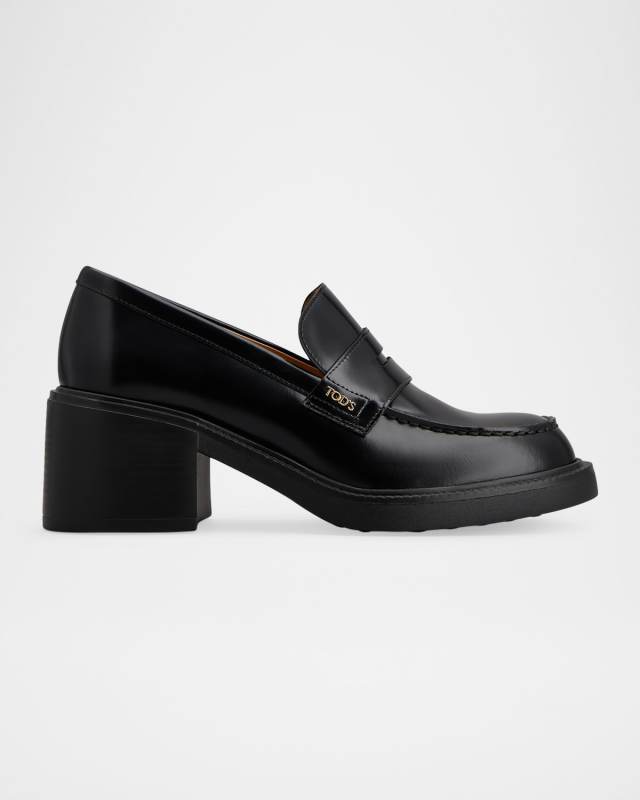Gomma Leather Block-Heel Penny Loafers